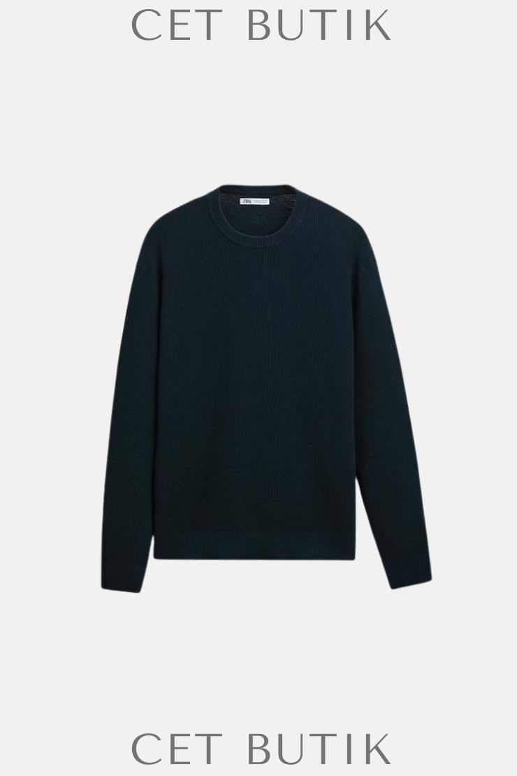 Zara Lacivert %100 Pamuk Basic Triko Kazak – Ribana Detaylı