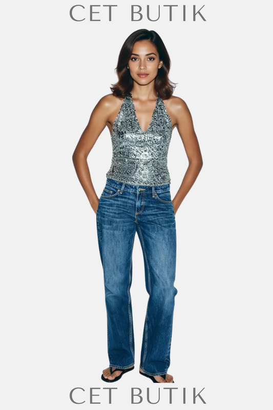 Zara Payetli Halter Üst – Gümüş / Silver