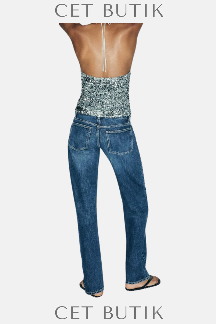 Zara Payetli Halter Üst – Gümüş / Silver
