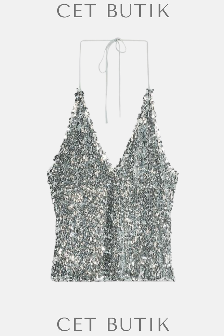 Zara Payetli Halter Üst – Gümüş / Silver