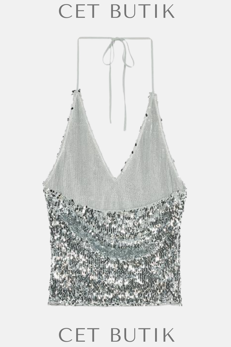 Zara Payetli Halter Üst – Gümüş / Silver