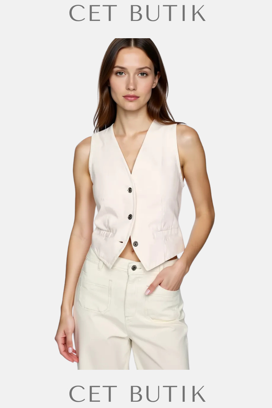 Mango Buttoned Denim Gilet Vest – %100 Pamuk, Kolsuz