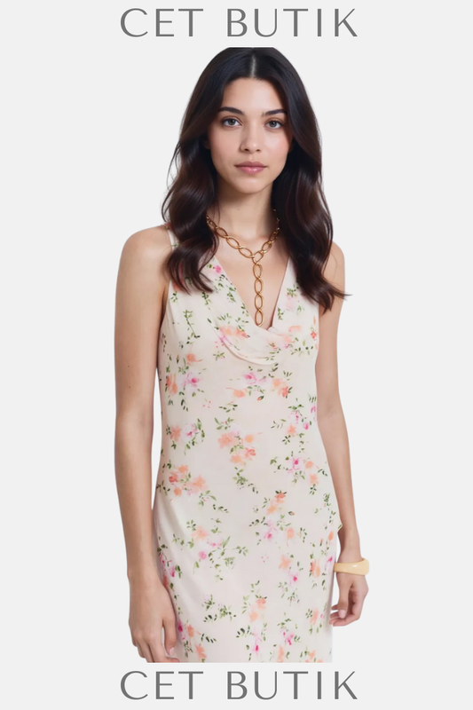 Mango Floral Draped Elbise – Uzun Çiçek Desenli Drapeli Elbise