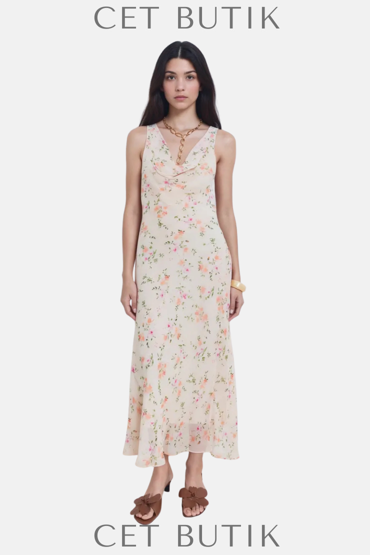 Mango Floral Draped Elbise – Uzun Çiçek Desenli Drapeli Elbise