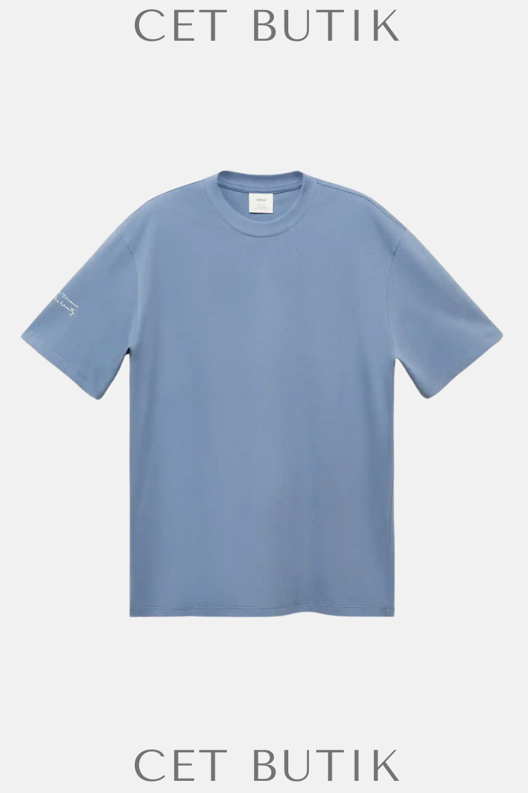 Mango Mavi Relaxed Fit Baskılı Patch Tişört