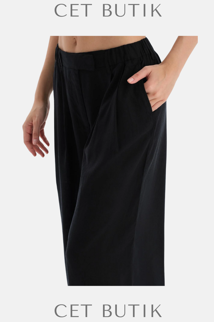 DAGİ Siyah Keten Lyocell Karışımlı Dokuma Pantolon – Regular Fit