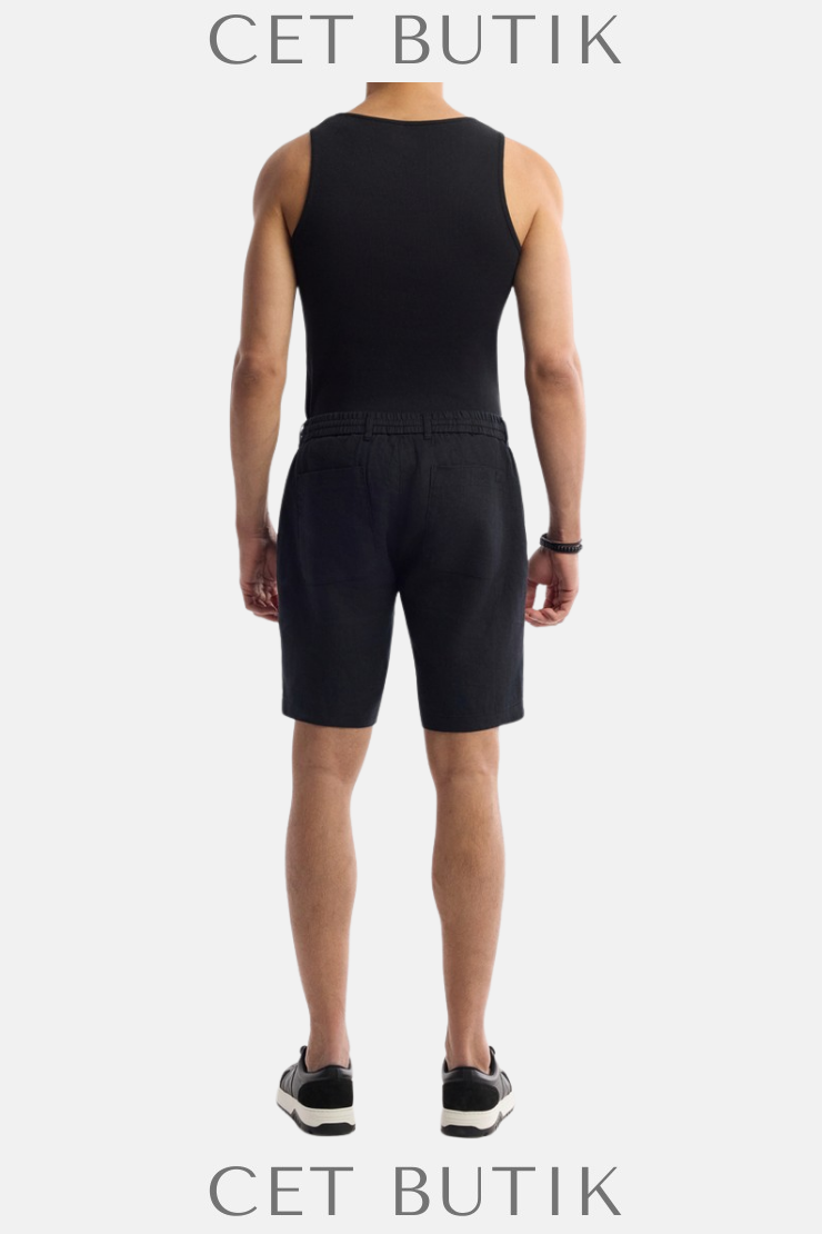 AVVA Erkek Siyah Beli Lastikli %100 Keten Relaxed Fit Şort