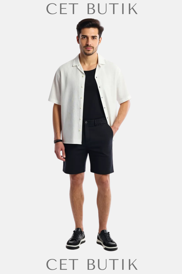 AVVA Erkek Siyah Beli Lastikli %100 Keten Relaxed Fit Şort
