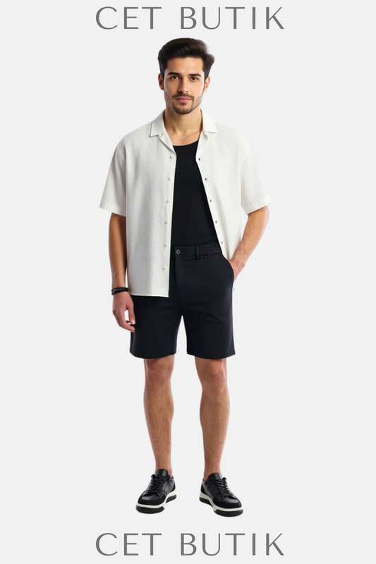 AVVA Erkek Siyah Beli Lastikli %100 Keten Relaxed Fit Şort