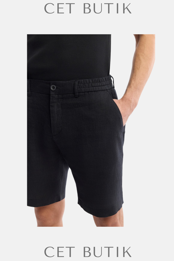 AVVA Erkek Siyah Beli Lastikli %100 Keten Relaxed Fit Şort