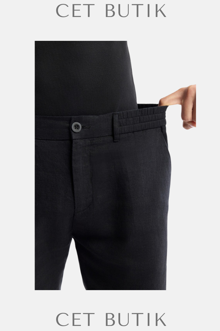 AVVA Erkek Siyah Beli Lastikli %100 Keten Relaxed Fit Şort