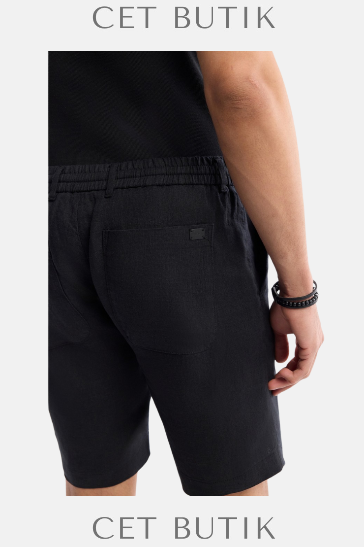 AVVA Erkek Siyah Beli Lastikli %100 Keten Relaxed Fit Şort
