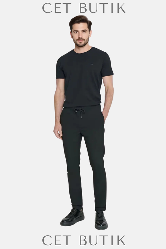 Slim Fit Rahat Jogger Pantolon – Yan Cepli & Beli Bağlamalı