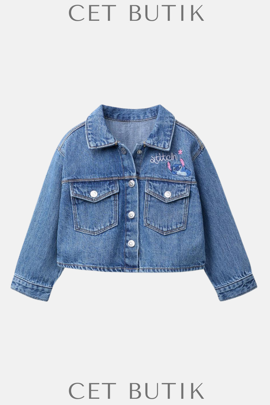 Zara Lilo & Stitch İşlemeli Denim Ceket – Orta Mavi