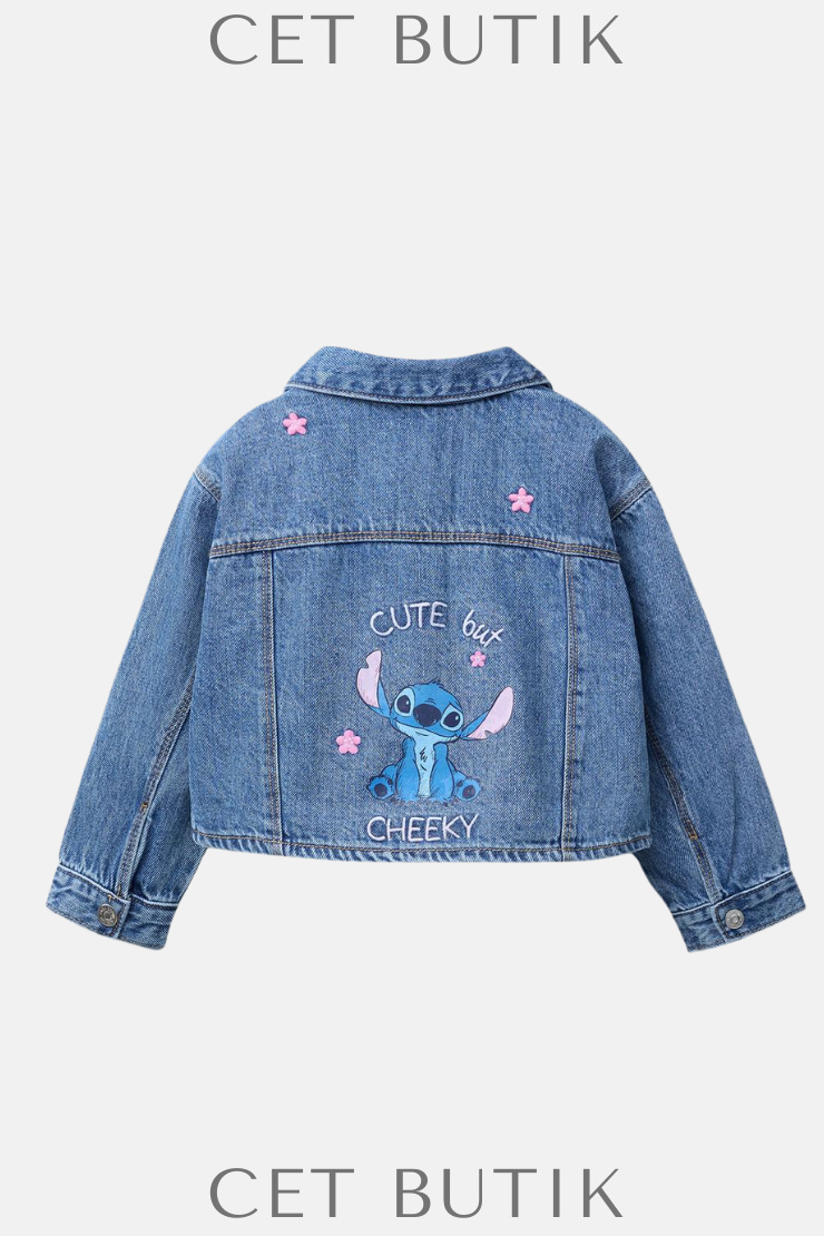 Zara Lilo & Stitch İşlemeli Denim Ceket – Orta Mavi