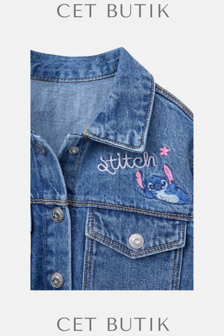 Zara Lilo & Stitch İşlemeli Denim Ceket – Orta Mavi