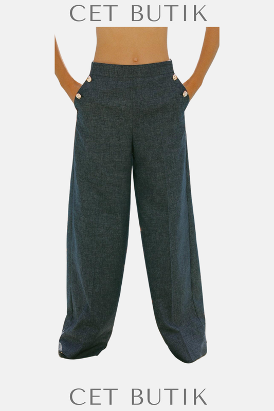 Zara Butonlu Bol Paça Keten Pantolon – Light Indigo