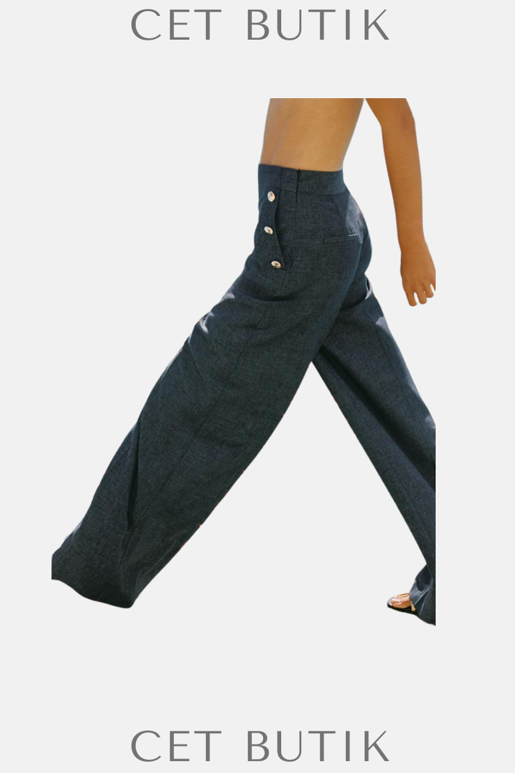 Zara Butonlu Bol Paça Keten Pantolon – Light Indigo