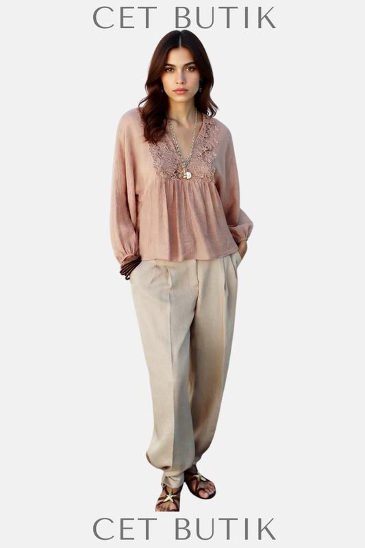 Zara Dantel Kroşe Detaylı Textürlü Bluz – Pink Wood