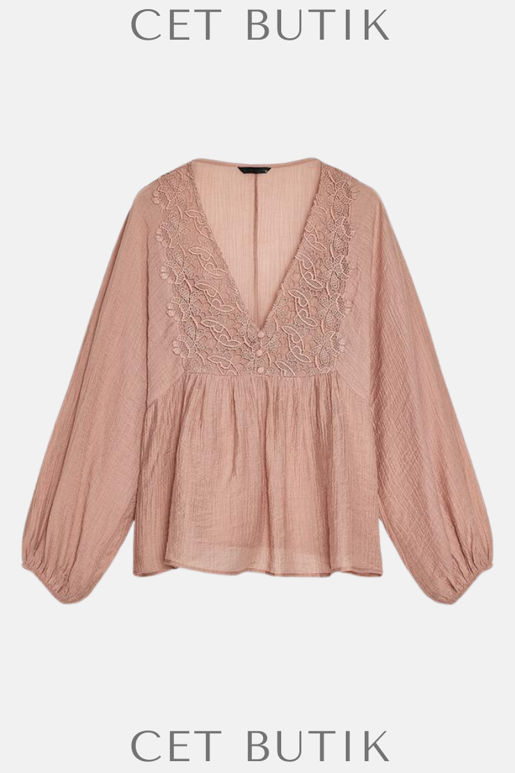 Zara Dantel Kroşe Detaylı Textürlü Bluz – Pink Wood