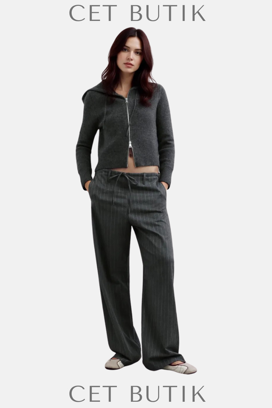 Zara Çizgili Bağcıklı Pantolon – Soft Gray