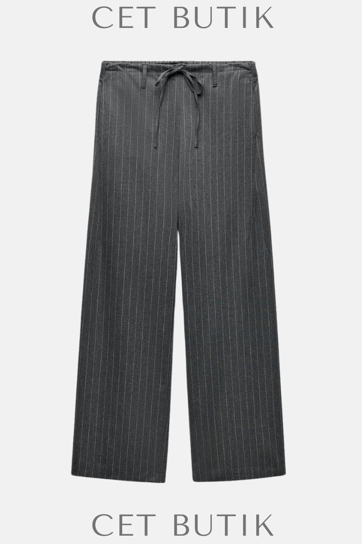 Zara Çizgili Bağcıklı Pantolon – Soft Gray