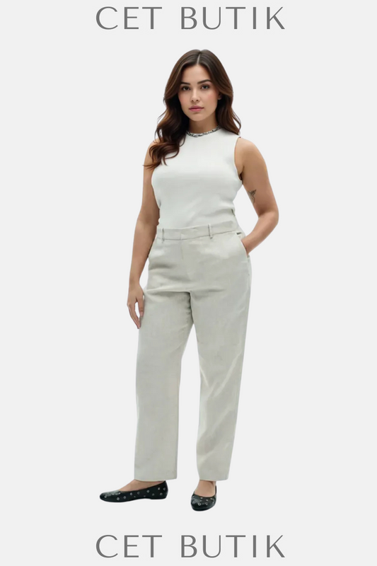Mango Boreli %100 Keten Pantolon – Bej / High Waist Suit Trouser