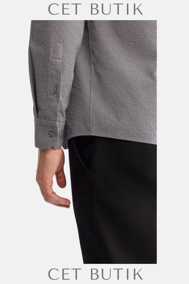 A4Y2098 Gri Düğmeli Yaka Gofreli Çizgili Uzun Kol Slim Fit Gömlek