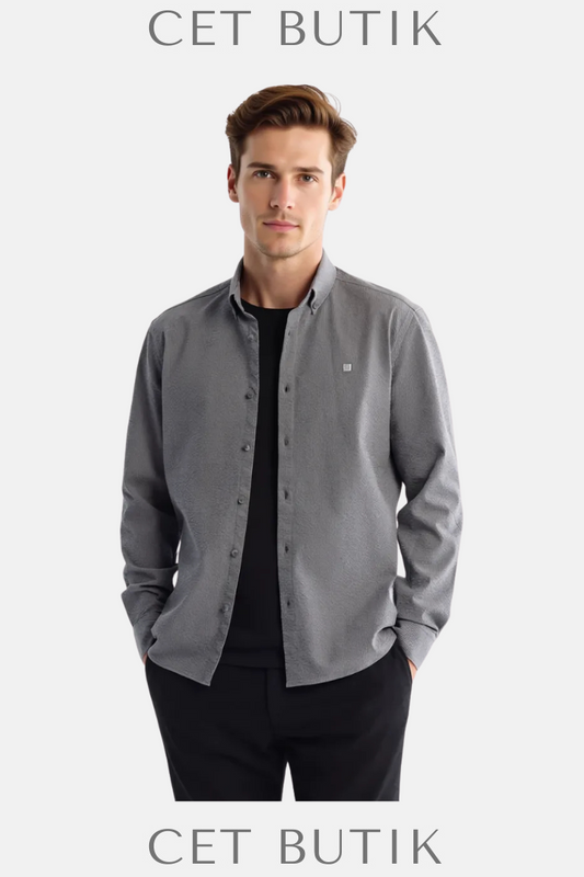 A4Y2098 Gri Düğmeli Yaka Gofreli Çizgili Uzun Kol Slim Fit Gömlek