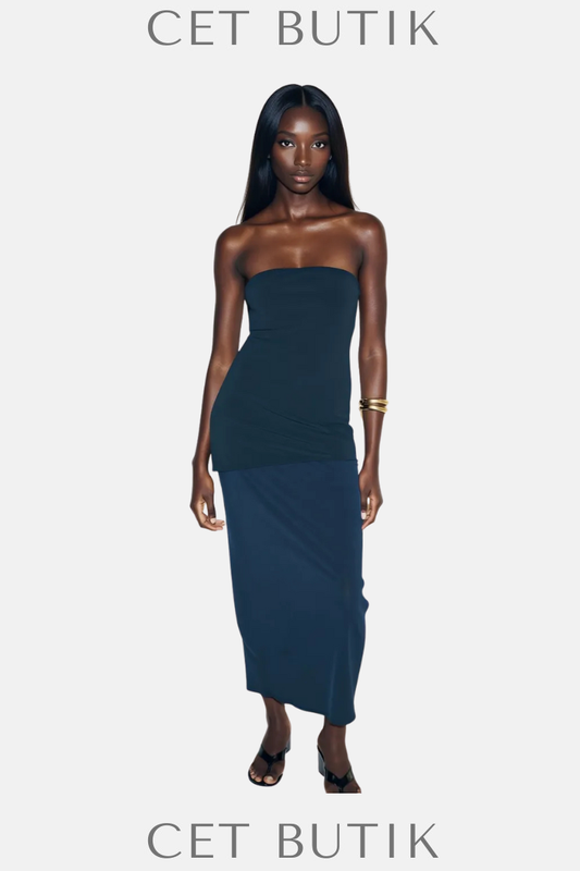 Zara Koyu Lacivert Straplez Midi Elbise