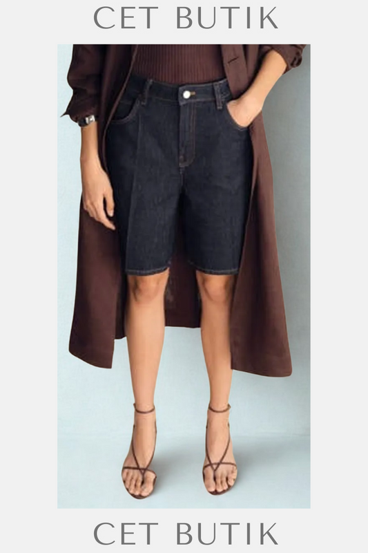 Mango Koyu Mavi Denim Straight Regular Waist Şort – %100 Pamuk