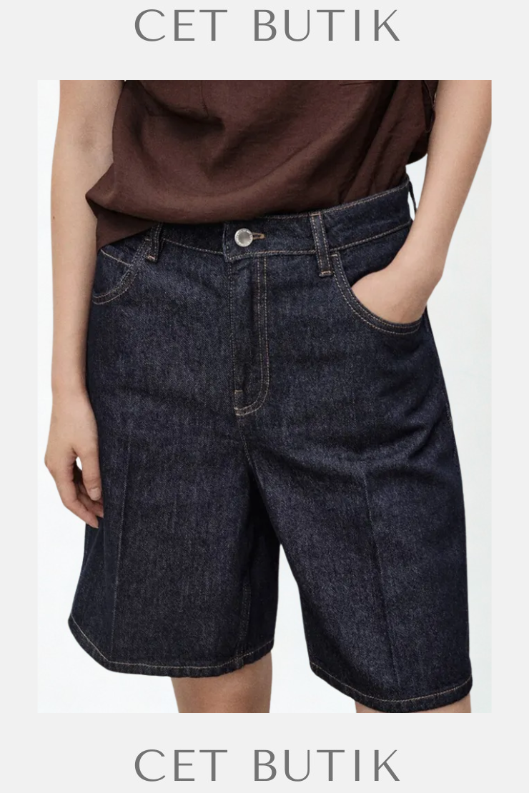 Mango Koyu Mavi Denim Straight Regular Waist Şort – %100 Pamuk
