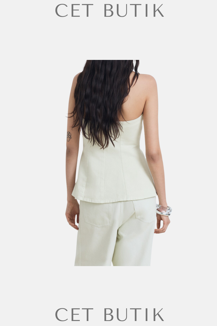 Mango Straplez Volanlı Bluz – Pastel Yeşil %100 Pamuk