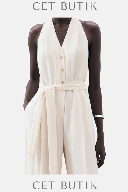Mango Halter-Yaka Tulum with Belt – Ecru / Kadın Jumpsuit