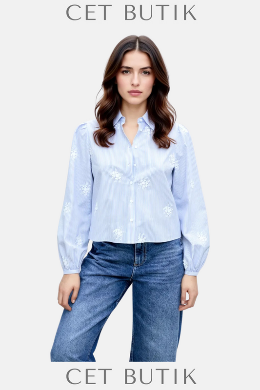 Mango Flower Nakışlı Çizgili Gömlek – Sky Blue