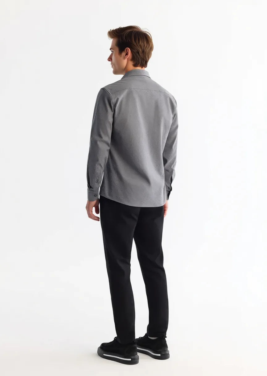 A4Y2098 Gri Düğmeli Yaka Gofreli Çizgili Uzun Kol Slim Fit Gömlek