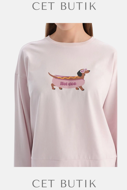Dagi Açık Lila Köpek Baskılı Tişört & Pantolon Takım