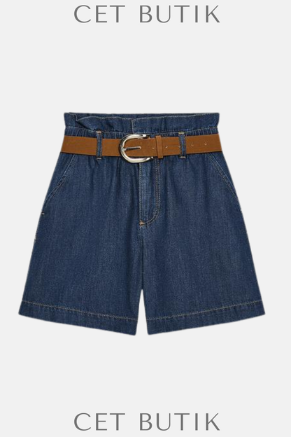 Zara Kadın Kemerli Paper Bag Bermuda Şort – Indigo