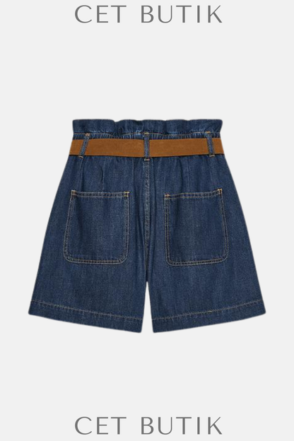 Zara Kadın Kemerli Paper Bag Bermuda Şort – Indigo
