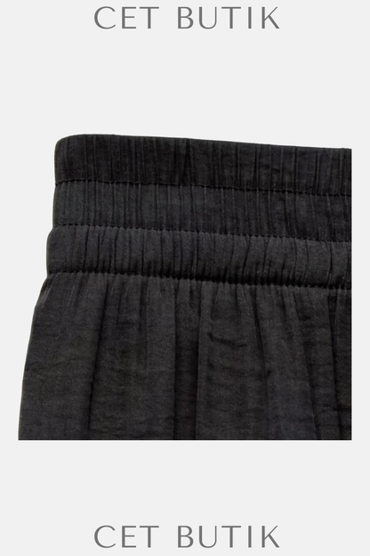 Zara Siyah Wide Leg Palazzo Pantolon – Elastik Bel, High Rise, Small
