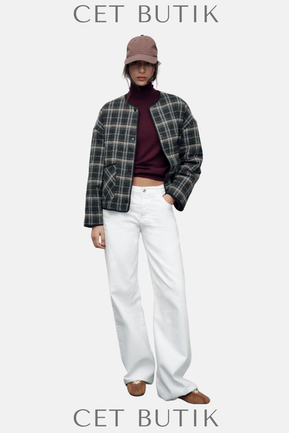 Zara Kadın Kareli Black/Beige Button-Up Ceket