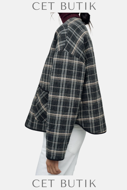 Zara Kadın Kareli Black/Beige Button-Up Ceket