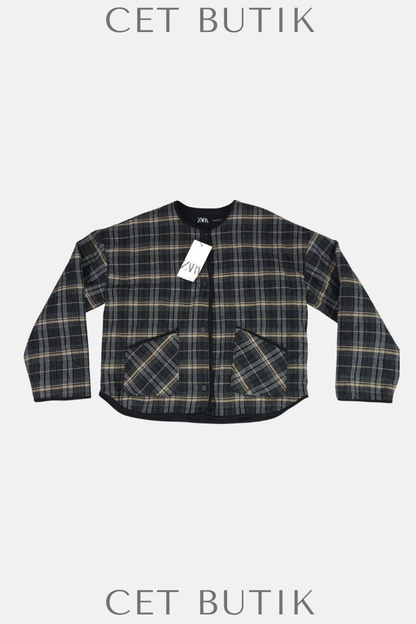 Zara Kadın Kareli Black/Beige Button-Up Ceket