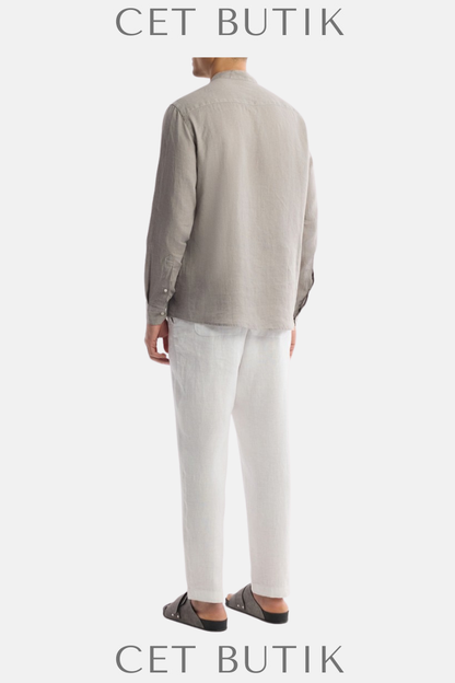 AVVA Erkek Gri Hakim Yaka %100 Keten Comfort Fit Gömlek