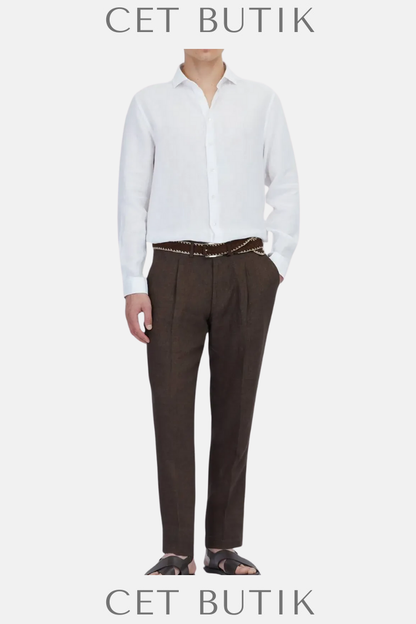 Ramsey Beyaz Düz Casual Fit 100% Keten Gömlek