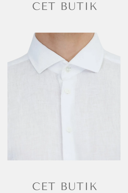 Ramsey Beyaz Düz Casual Fit 100% Keten Gömlek