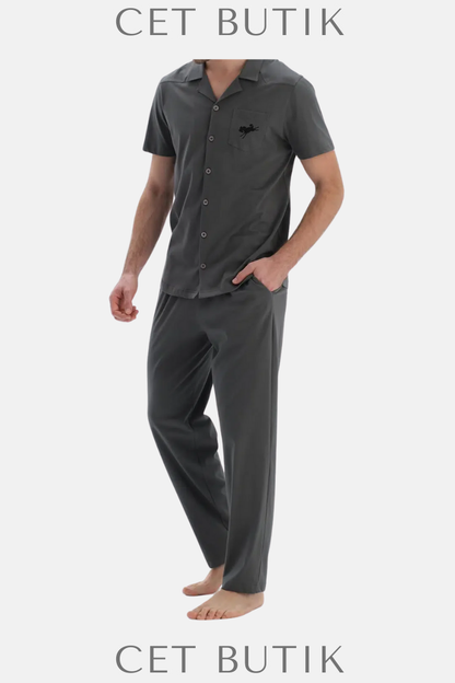 Dagi Gri Kısa Kollu Dikiş Detaylı Gömlek & Pantolon Pijama Takımı