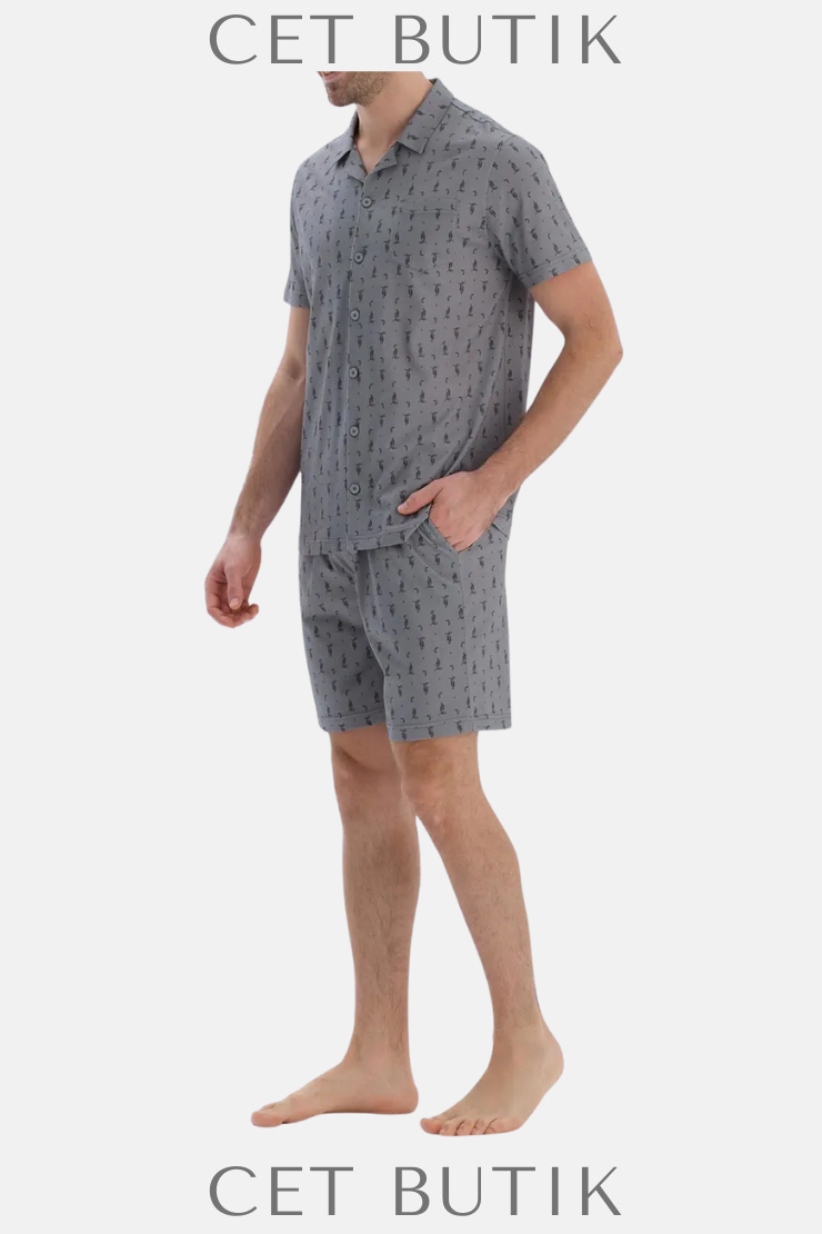 Dagi Gri Metraj Baskılı Gömlek & Şort Pijama Takımı