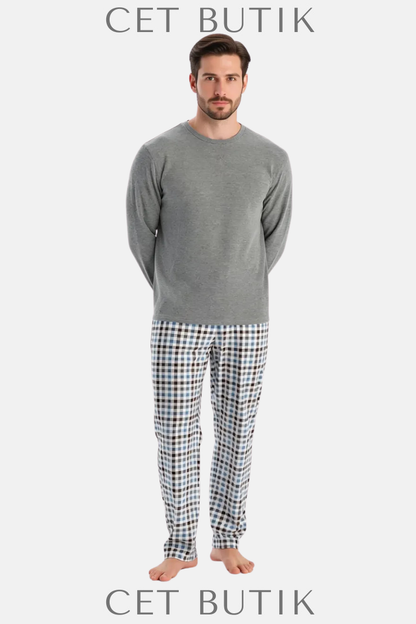 Dagi Gri Melanj Waffle Pijama Takımı – Uzun Kollu Tişört & Pantolon
