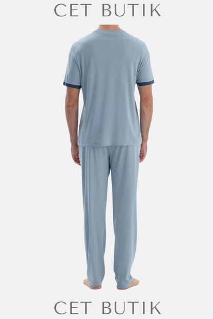DAGİ Açık Mavi Kısa Kollu Patlı Basic Pijama Takımı